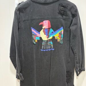 Black Distressed Jacket with Colorful Eagle Design